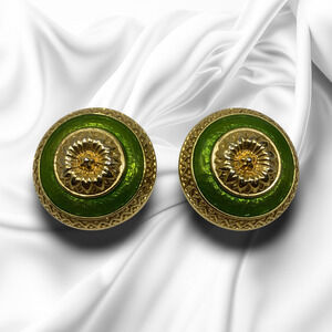 Vintage C. Stein Gold Tone Green Enamel Oversized Clip On Domed Earrings Runway